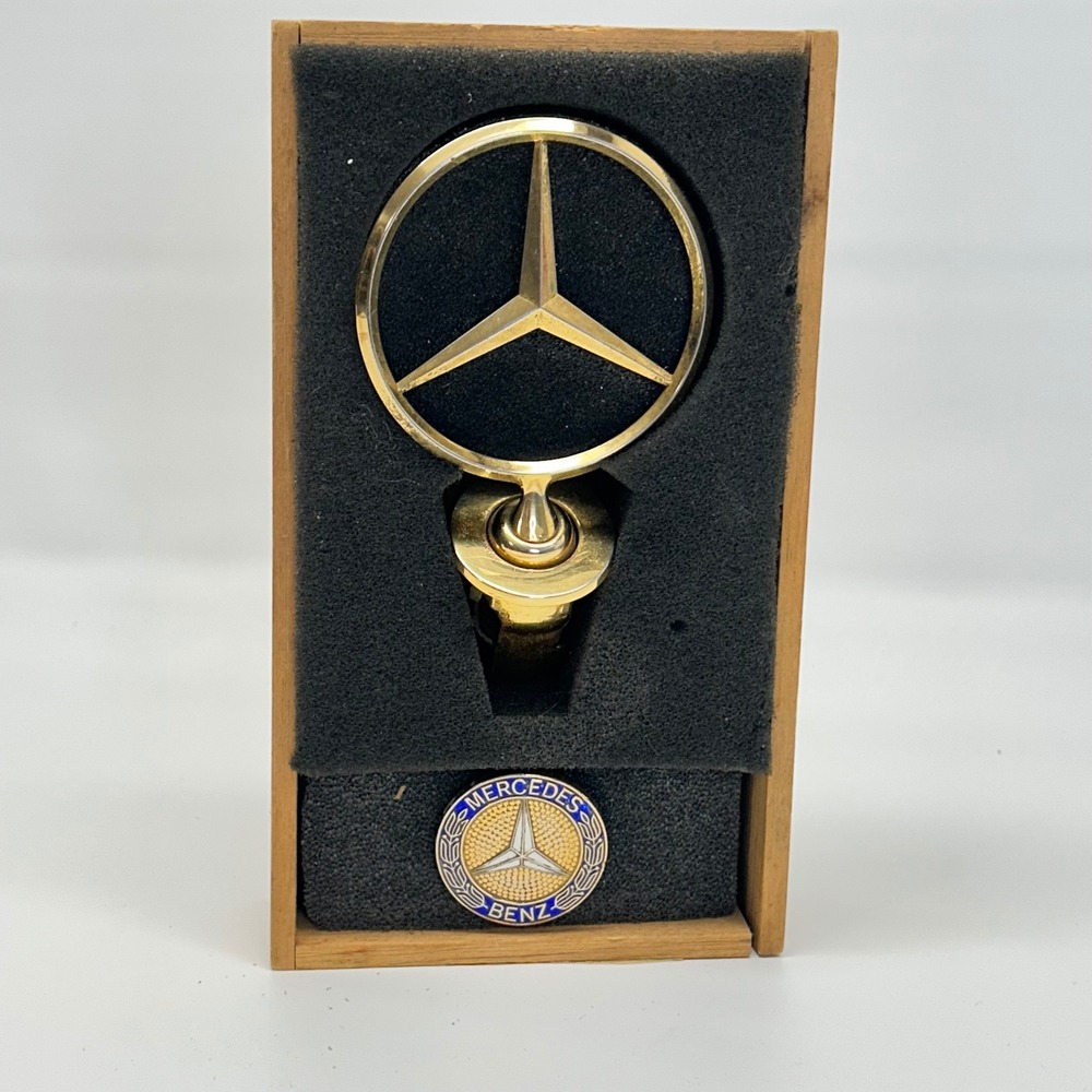 Mercedes Benz Gold Hood Ornament and Enamel Emblem Vintage Custom Display Box